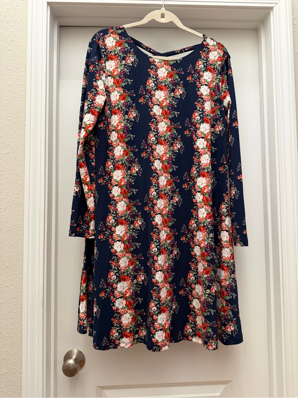 Navy Floral Long-Sleeve Swing Mini Dress